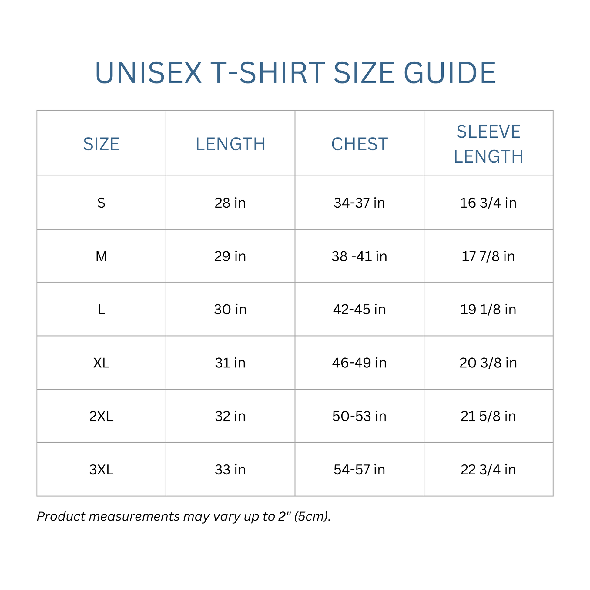 Totes Manila Co size guide for unisex shirts