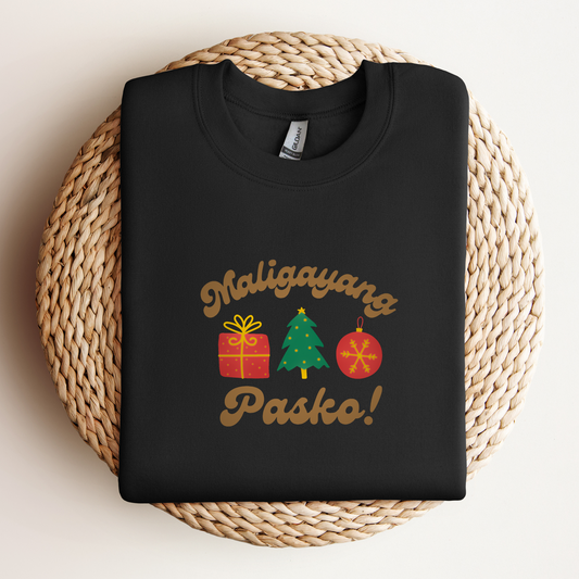 Folded Maligayang Pasko Merry Christmas Tagalog Filipino Embroidered Sweatshirt in Black