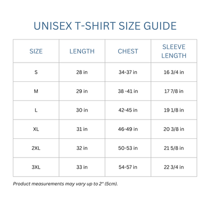 Totes Manila Co size guide for unisex shirts.