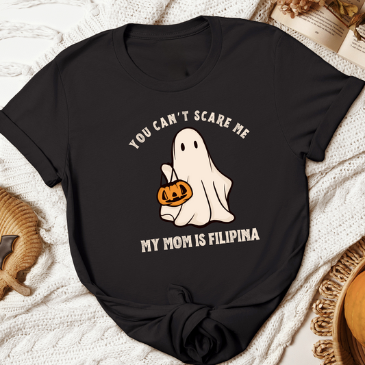 Flatlay of Kids Shirt You Can't Scare Me My Mom Is Filipina Funny Kids/Youth Halloween Tee