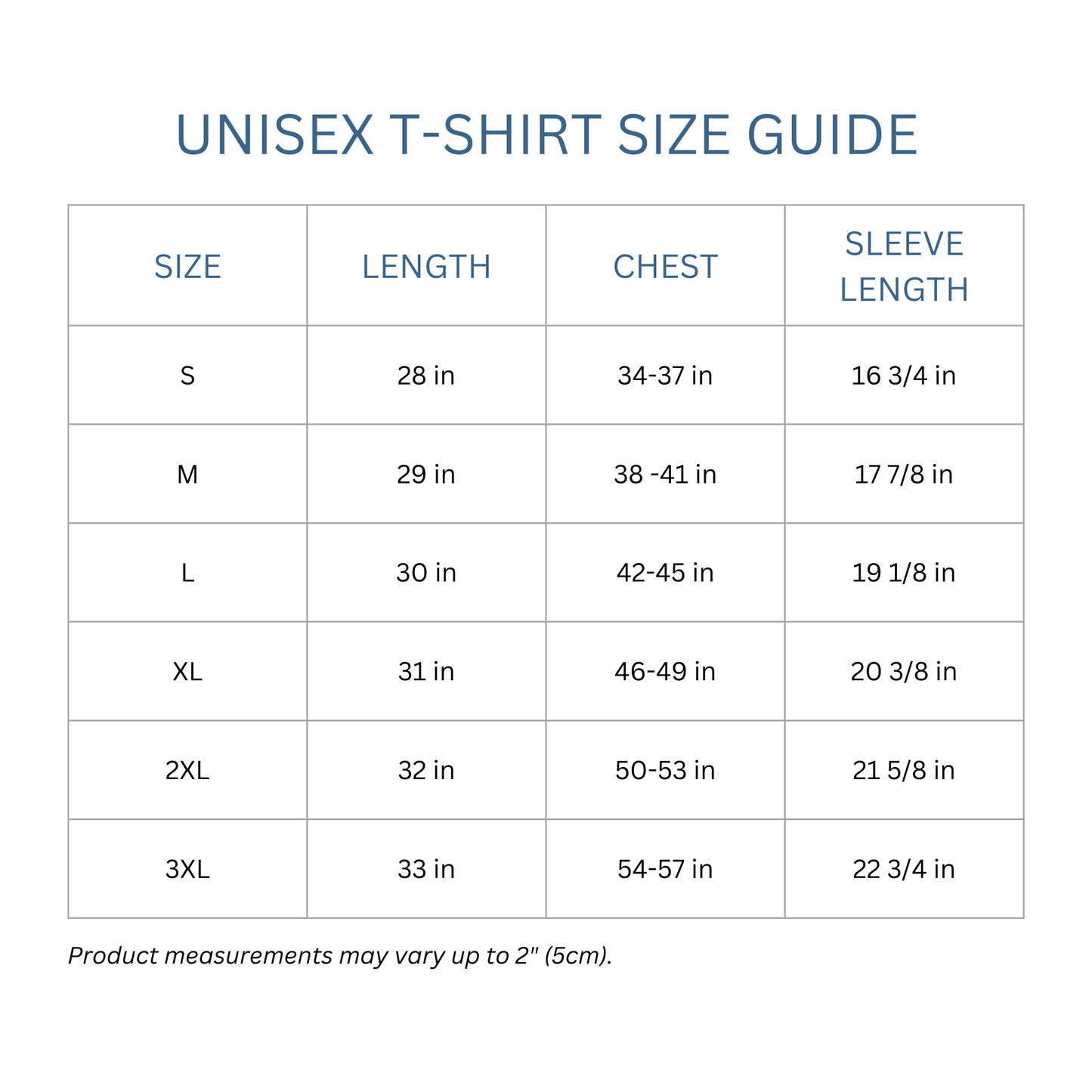 Totes Manila Co size guide for unisex shirts