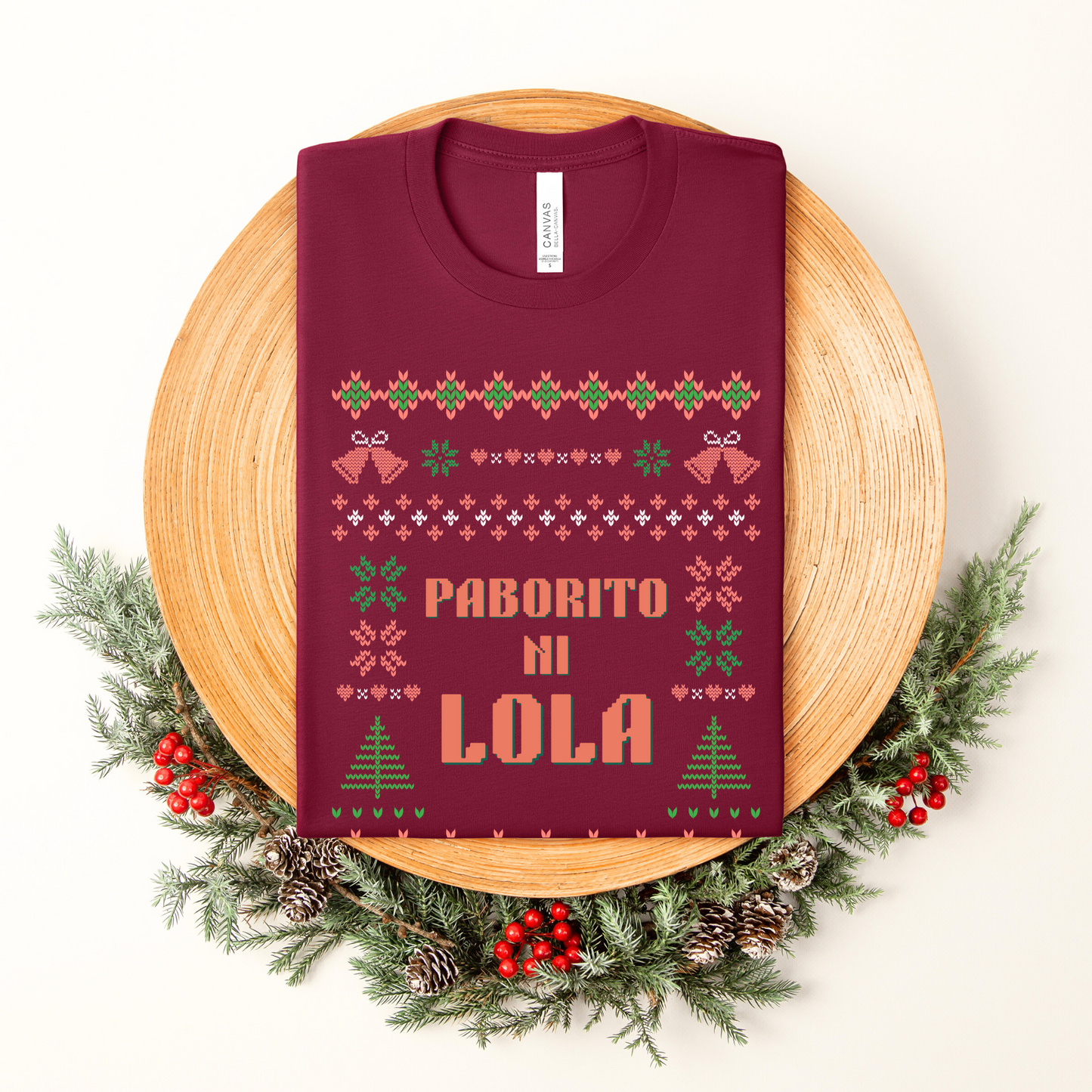 Paborito Ni Lola Grandma's Favorite Filipino Thanksgiving Christmas T-Shirt - Maroon in Christmas setting
