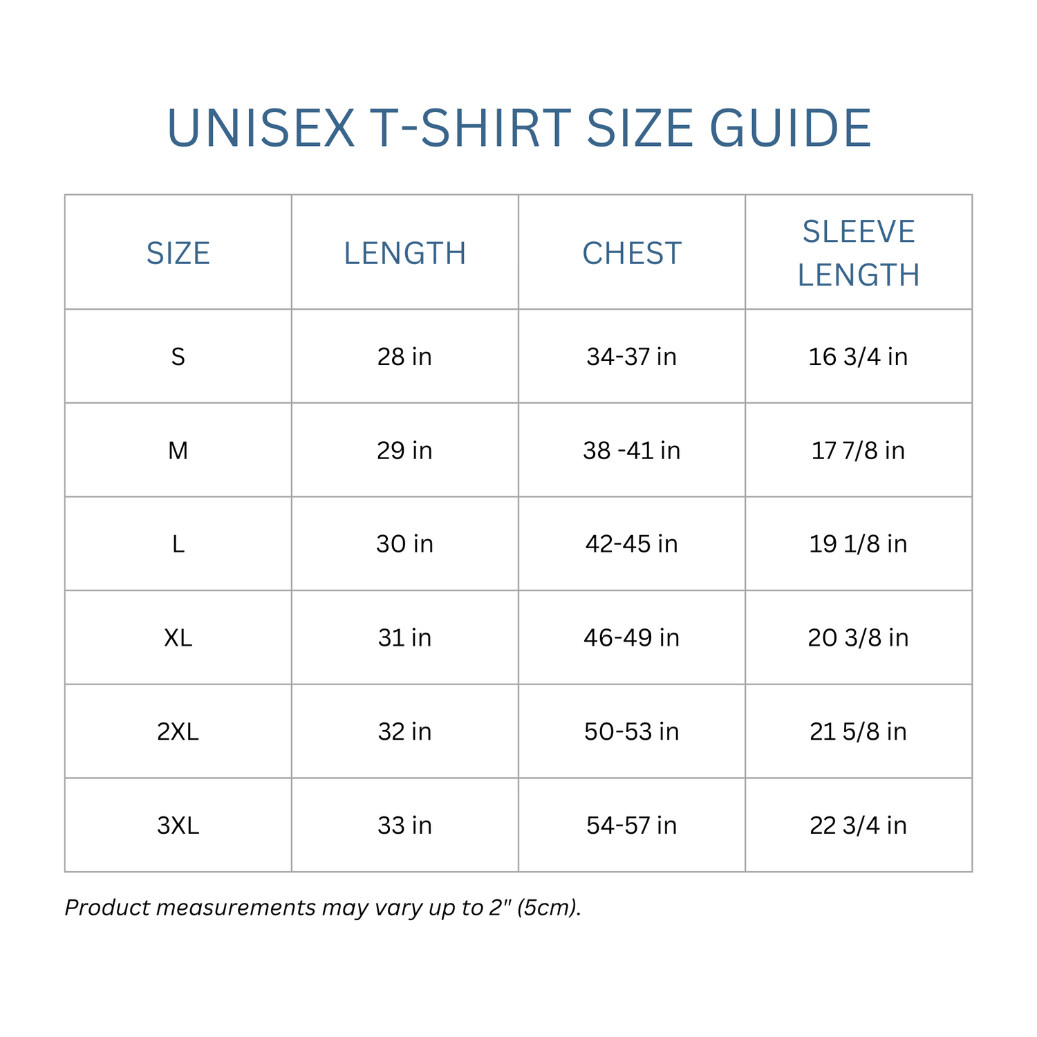 Totes Manila Co size guide for unisex shirts.