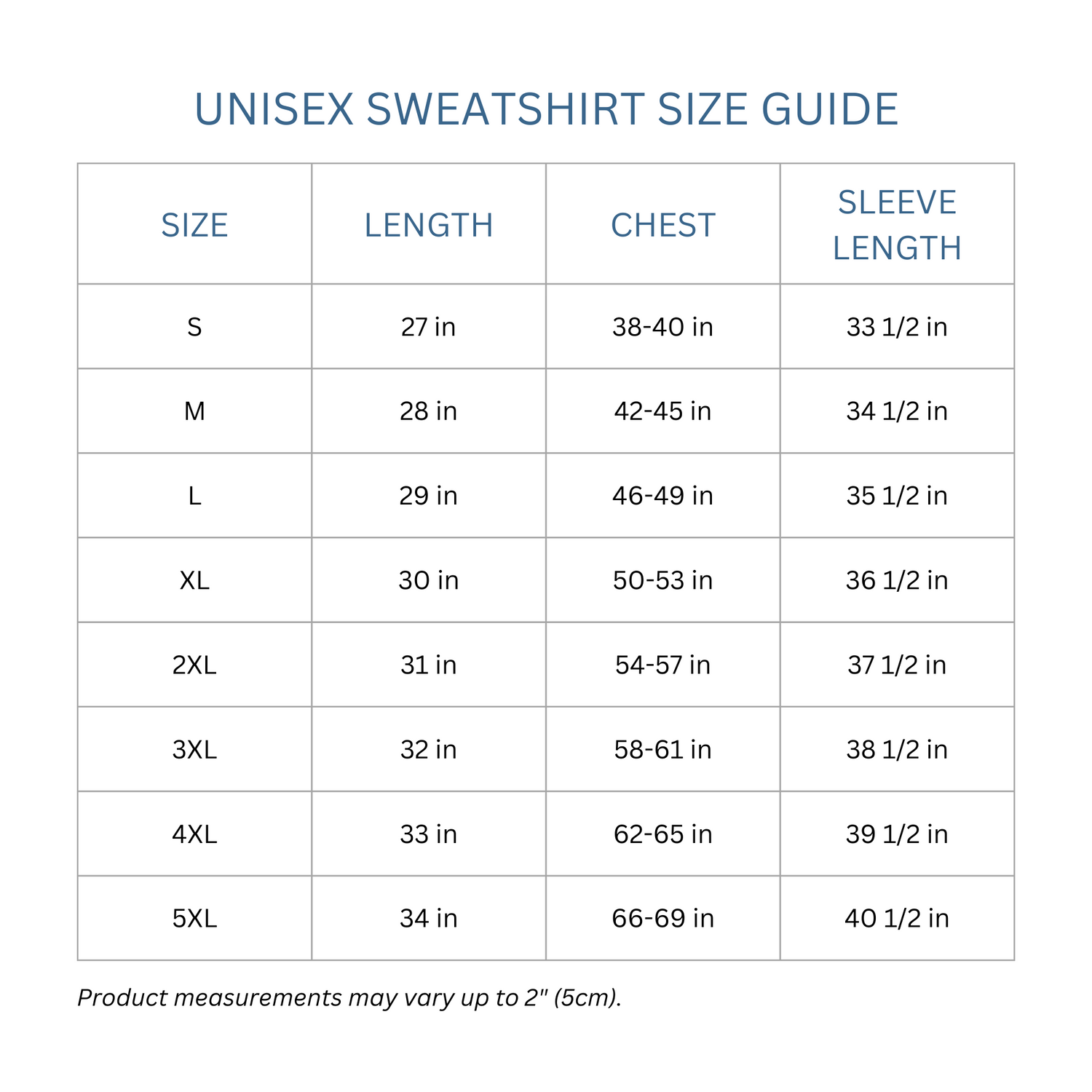 Totes Manila Co size guide for unisex sweatshirts