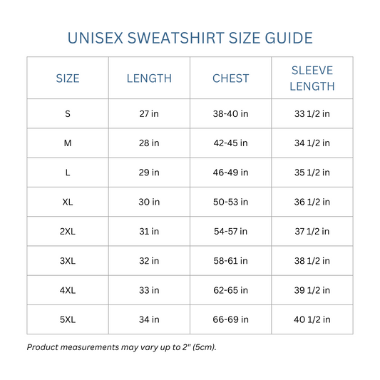Totes Manila Co size guide for unisex sweatshirt