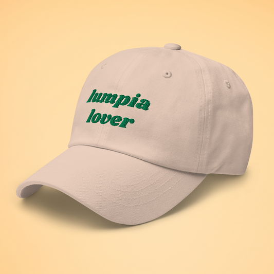 Side view of the Lumpia Lover Filipino Embroidered Cotton Baseball Cap