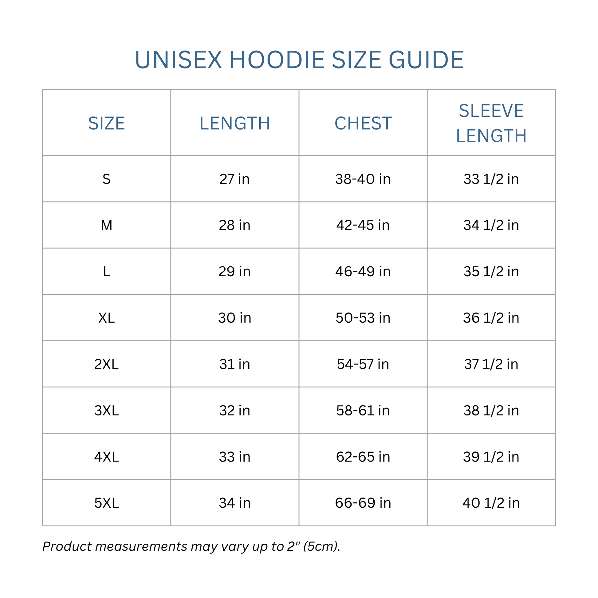 Totes Manila Co size guide for unisex hoodies