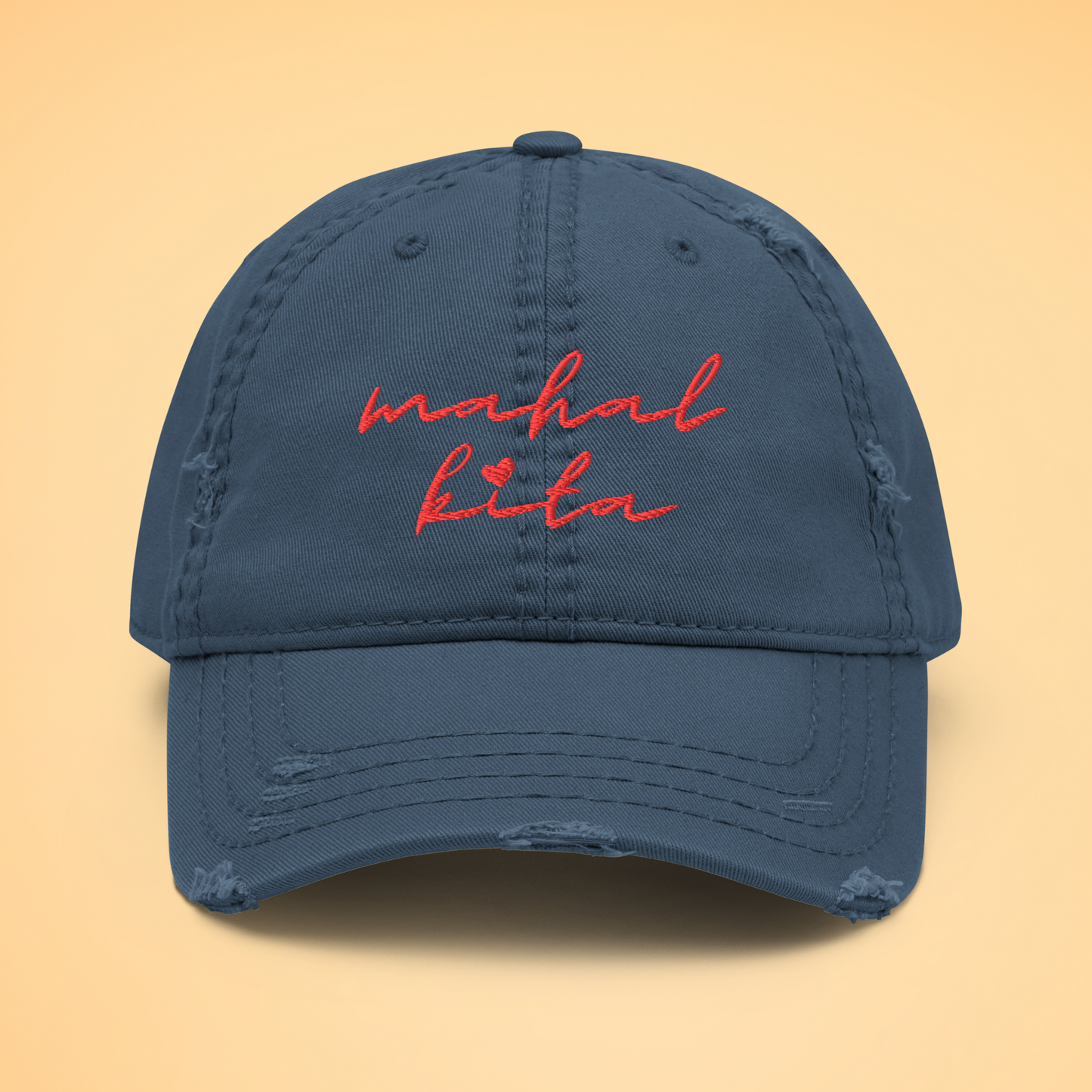 Mahal Kita Love You Filipino Language Embroidered Distressed Cap in Navy