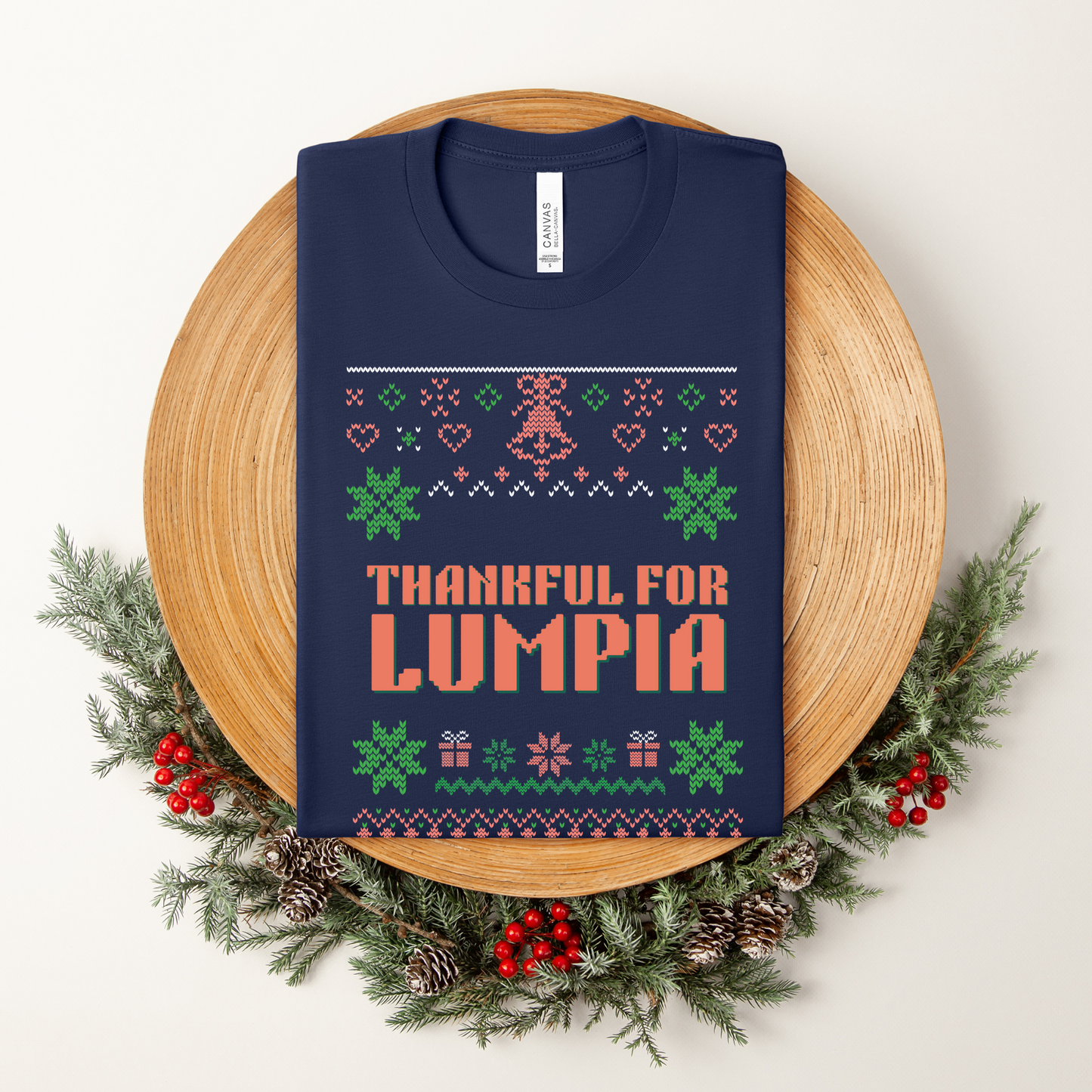 Thankful For Pinoy Food Lechon Sinigang Lumpia Funny Filipino Shirt - Navy in Christmas setting