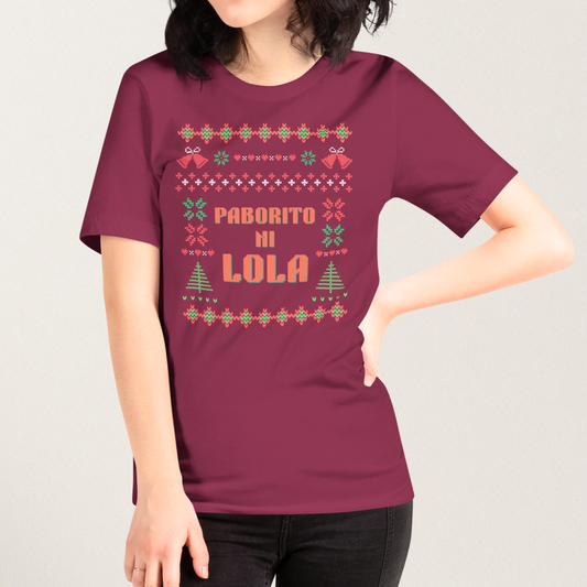 Woman wearing the Paborito Ni Lola Grandma's Favorite Filipino Thanksgiving Christmas T-Shirt