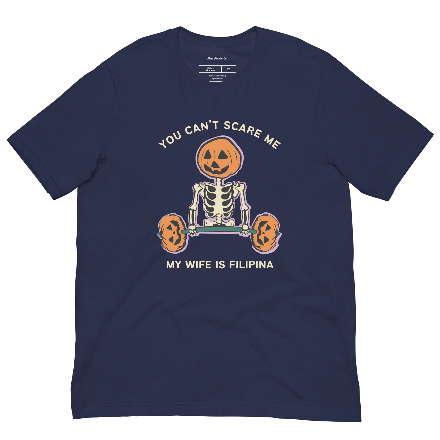 You Can't Scare Me My Wife Is Filipina Funny Halloween Shirt in Navy