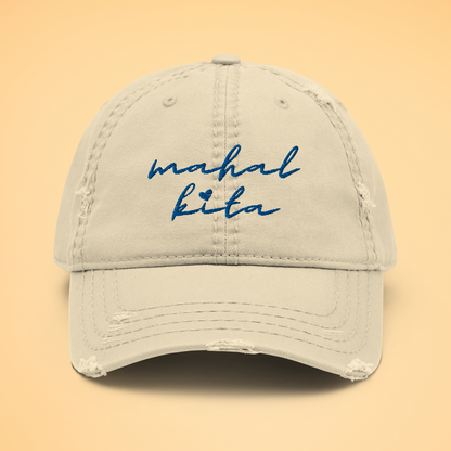 Mahal Kita Love You Filipino Language Embroidered Distressed Cap in Khaki