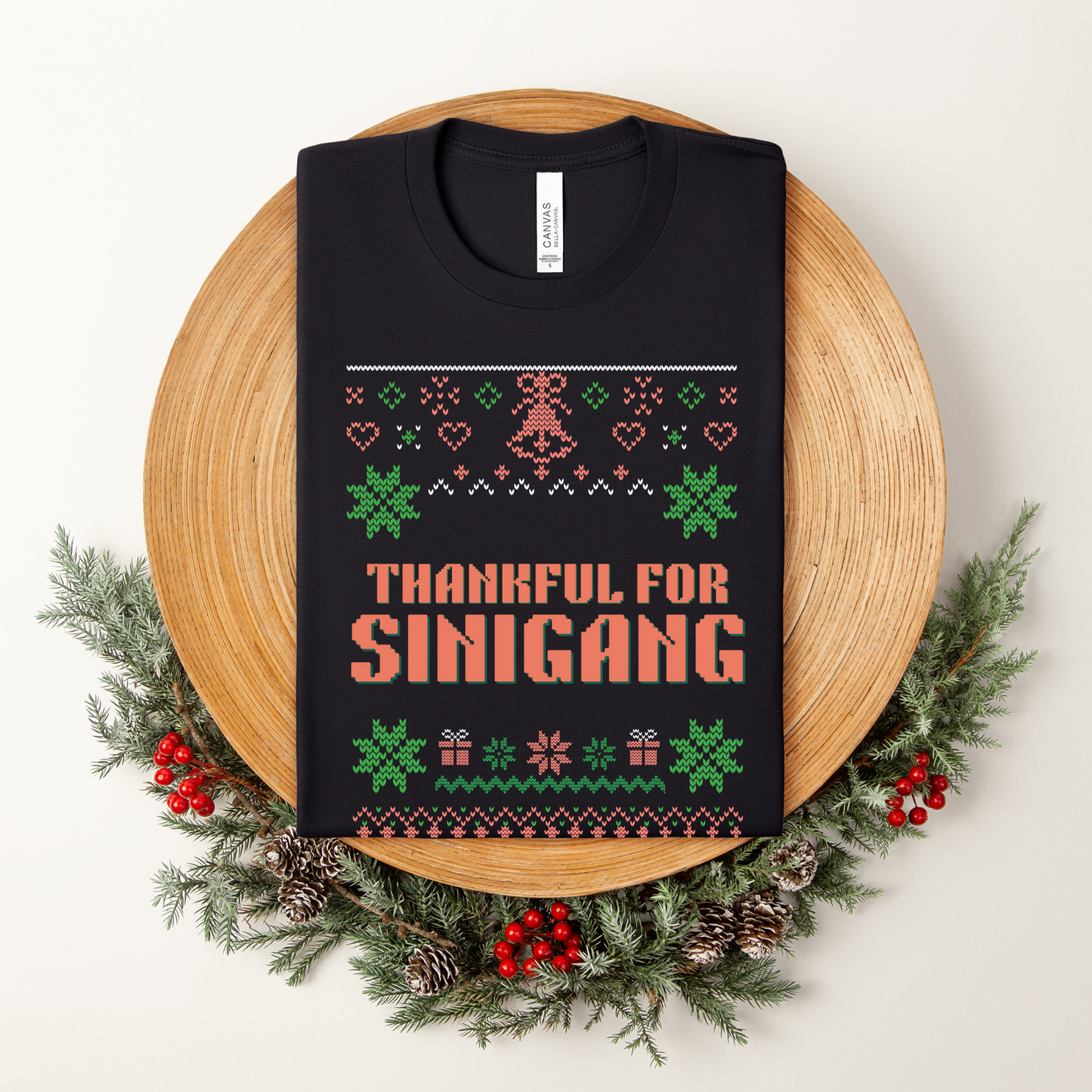Thankful For Pinoy Food Lechon Sinigang Lumpia Funny Filipino Shirt - Black in Christmas setting