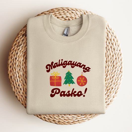 Folded Maligayang Pasko Merry Christmas Tagalog Filipino Embroidered Sweatshirt in Sand