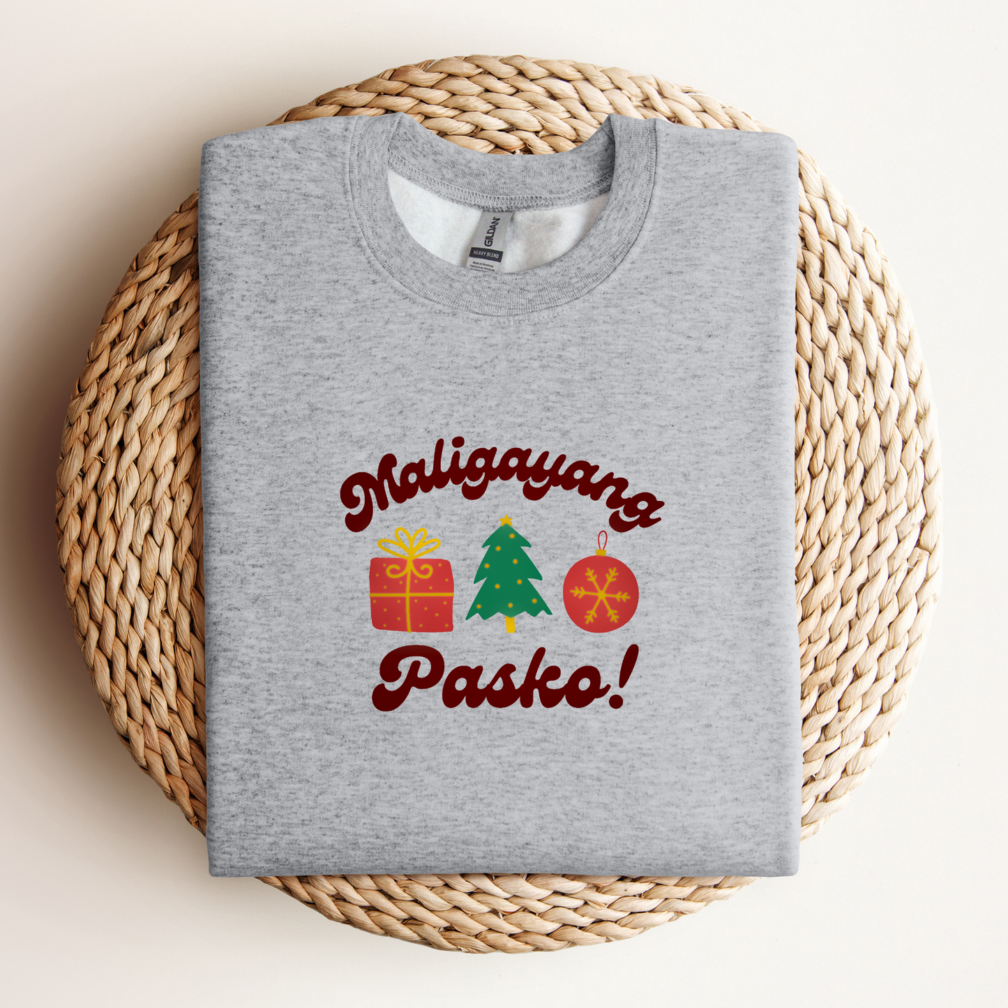 Folded Maligayang Pasko Merry Christmas Tagalog Filipino Embroidered Sweatshirt in Sport Gray