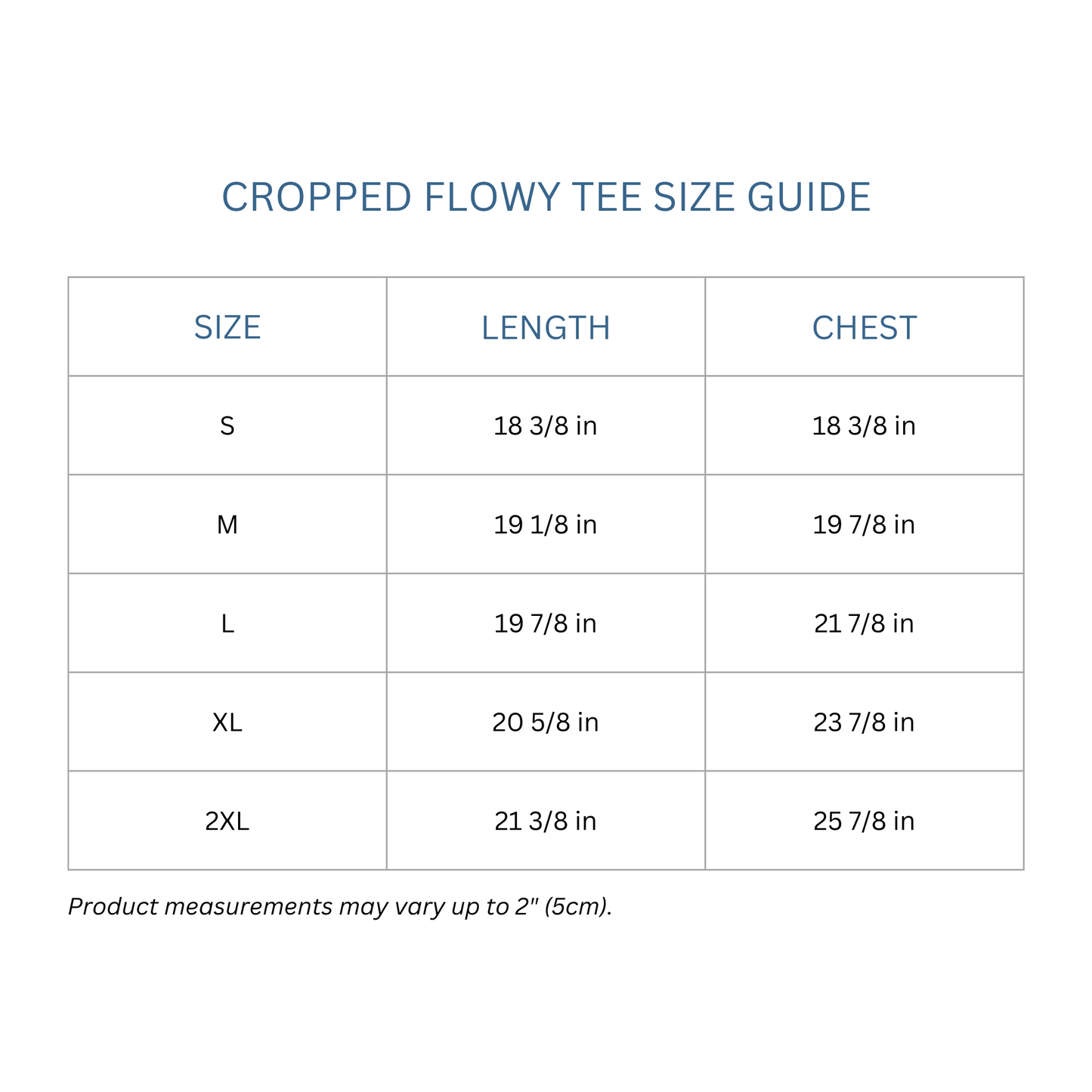 Totes Manila Co size guide for cropped flowy tee