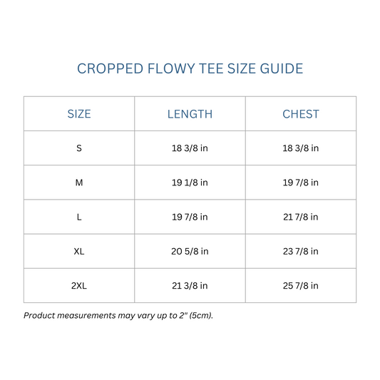 Totes Manila Co size guide for flowy crop tops