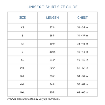 Totes Manila Co size guide for unisex shirts