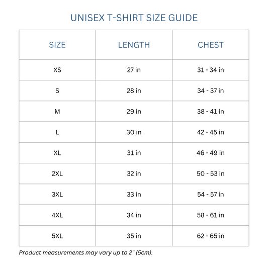 Totes Manila size guide for unisex shirts