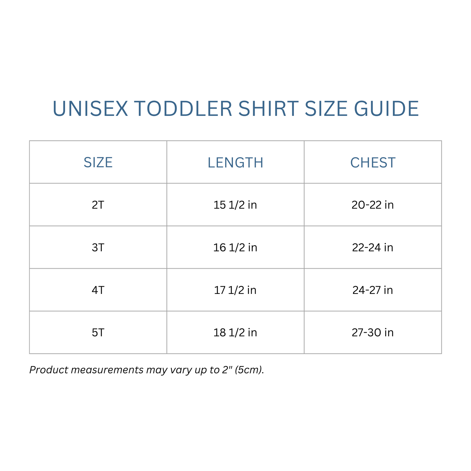 Totes Manila Co size guide for unisex toddler shirts