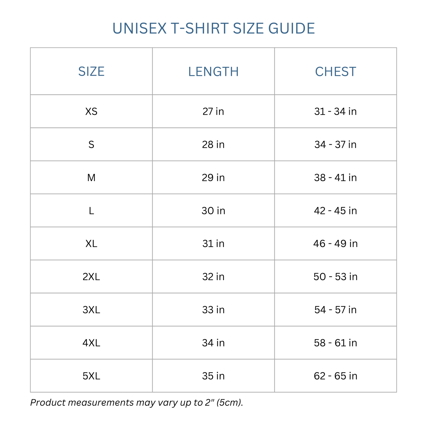 Totes Manila Co size guide for unisex shirts.