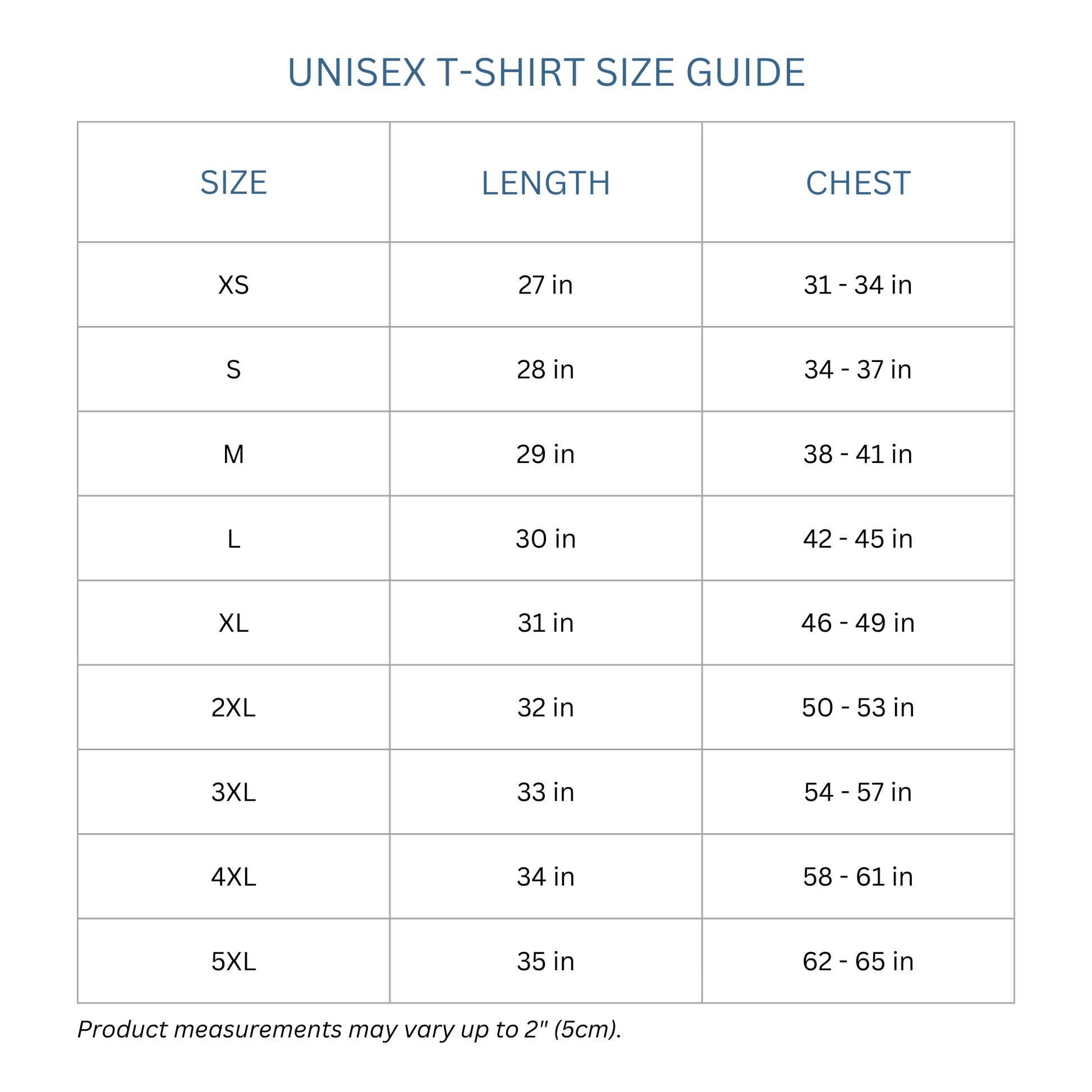 Totes Manila Co size guide for unisex shirts.