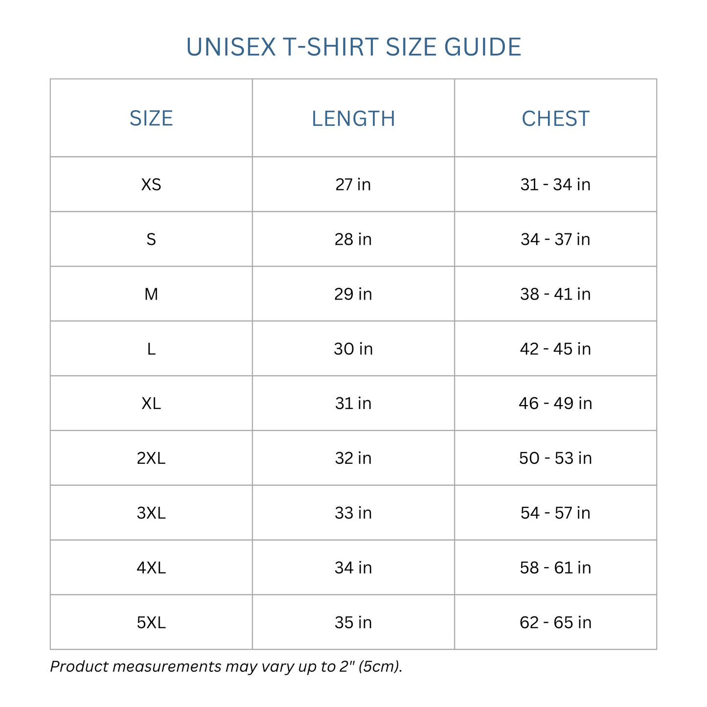 Totes Manila Co size guide for unisex shirts