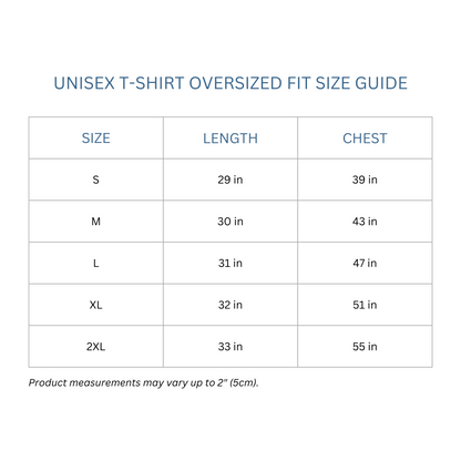 Totes Manila Co size guide for unisex oversized shirts