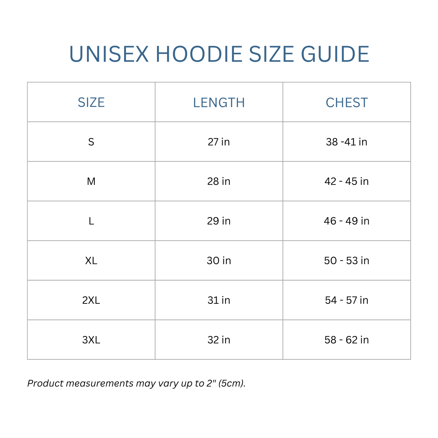 Totes Manila Co size guide for unisex hoodies