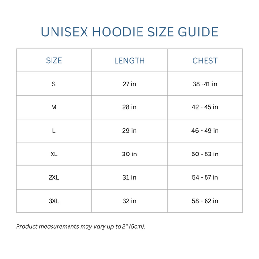 Totes Manila Co size guide for unisex hoodies