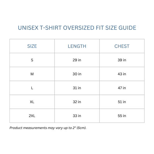 Totes Manila Co size guide for unisex oversized shirts