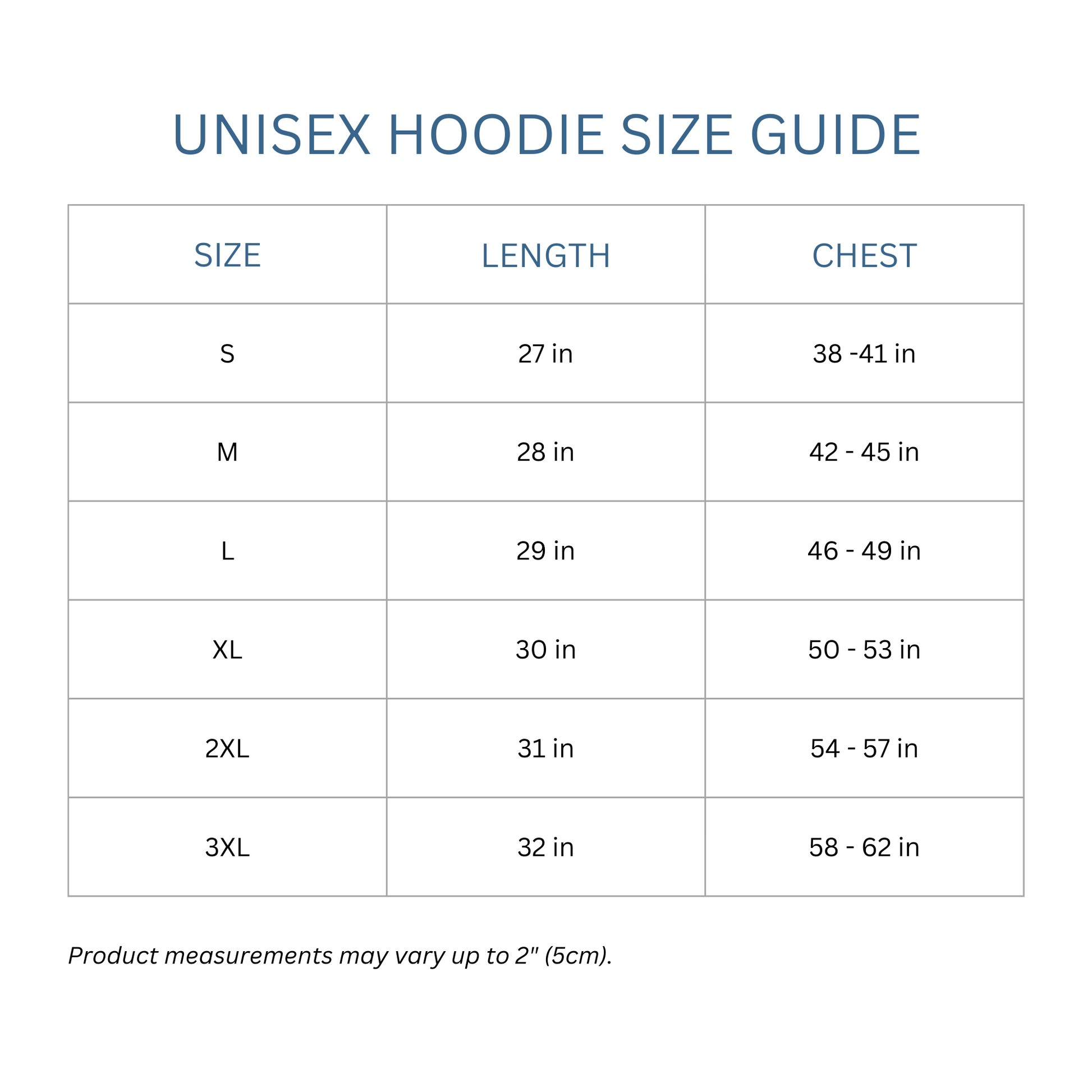 Totes Manila Co size guide for unisex hoodies