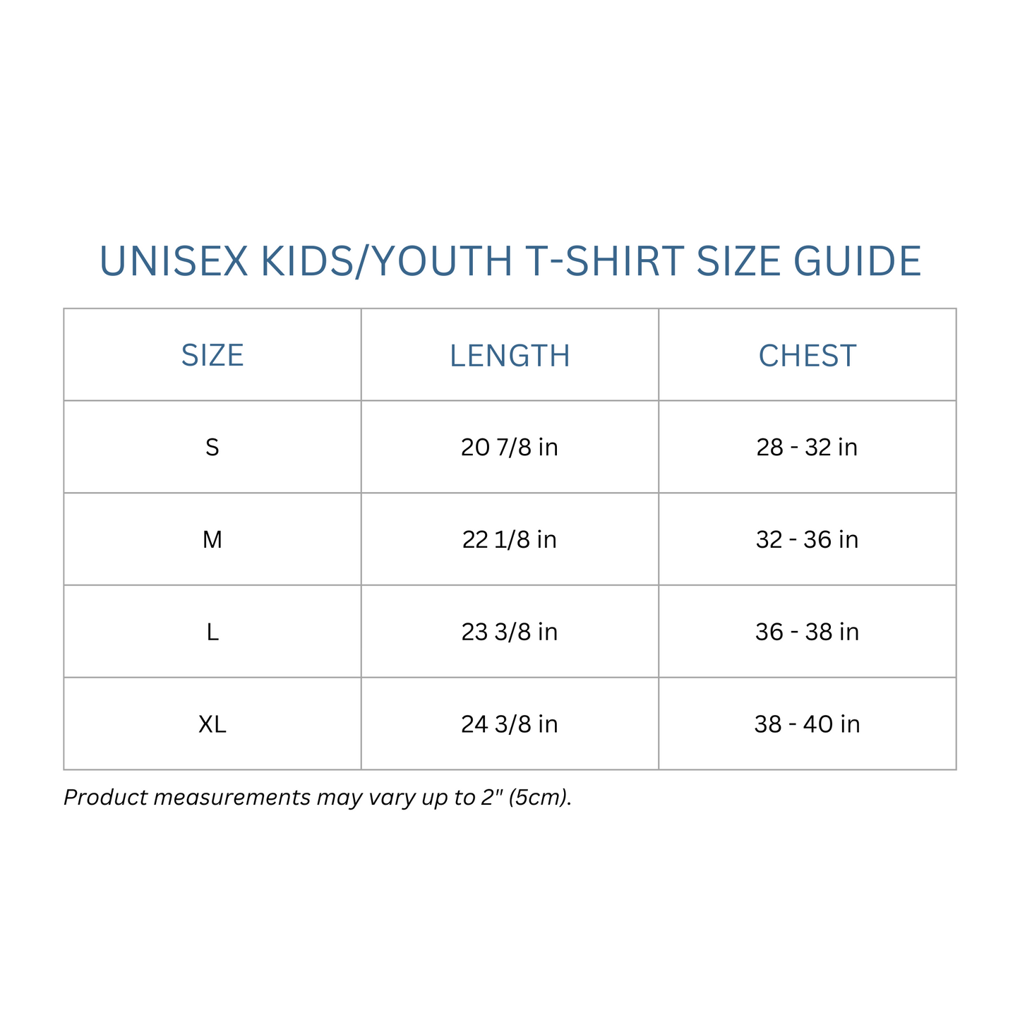 Totes Manila Co size guide for kids/youth unisex shirts