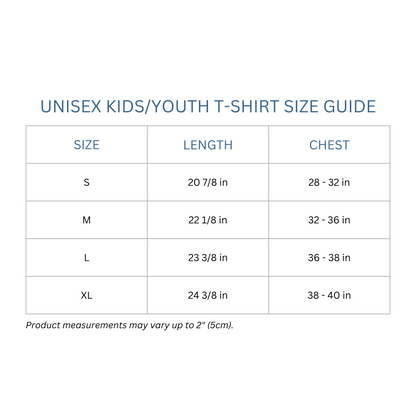 Totes Manila Co size guide for unisex kids/youth shirts