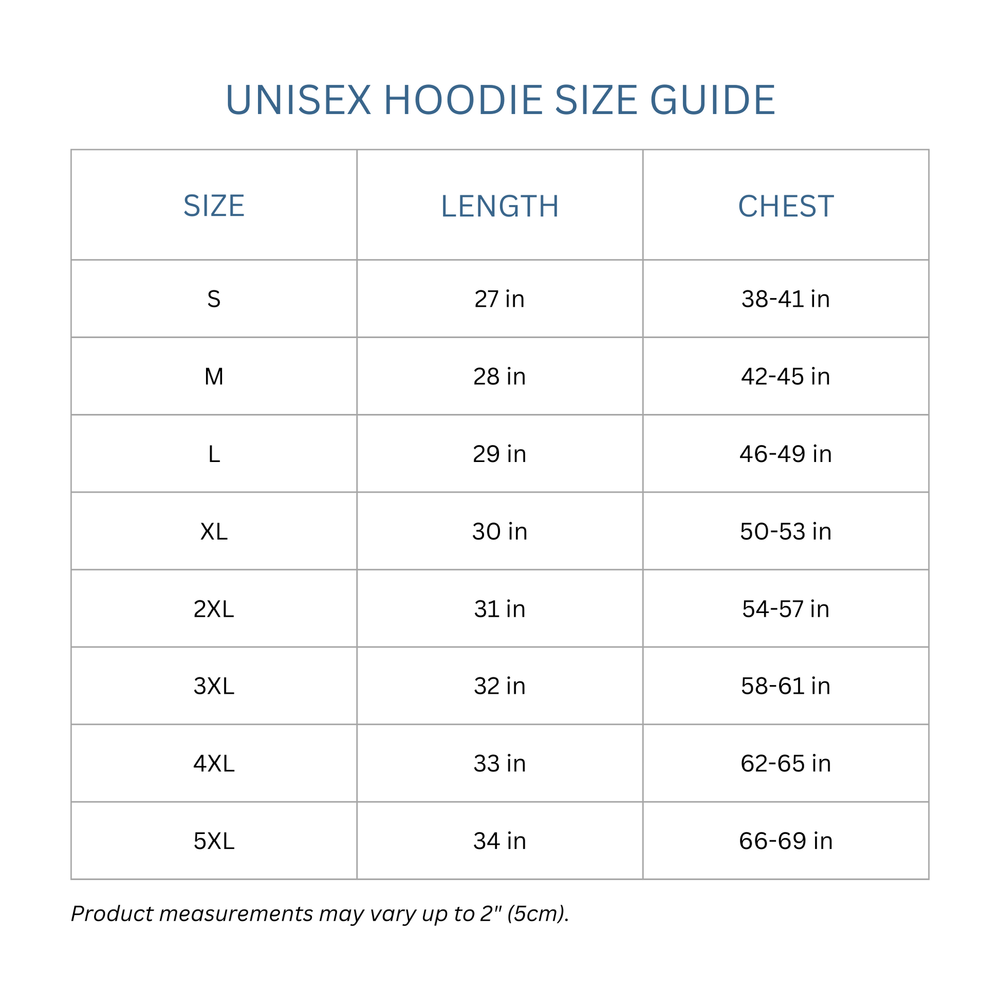 Totes Manila Co size guide for unisex hoodies