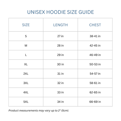 Totes Manila Co size guide for unisex hoodies