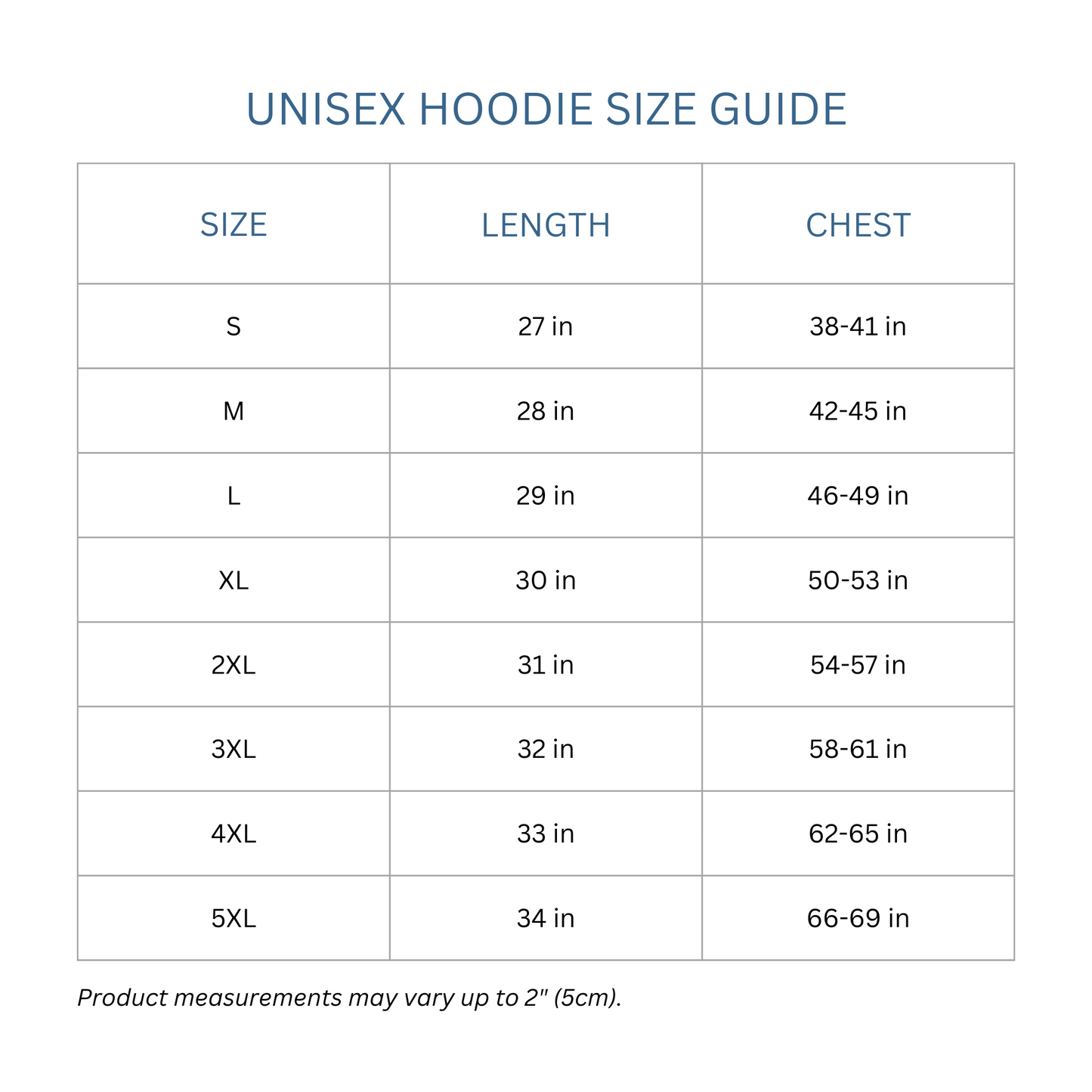 Totes Manila Co size guide for unisex hoodies
