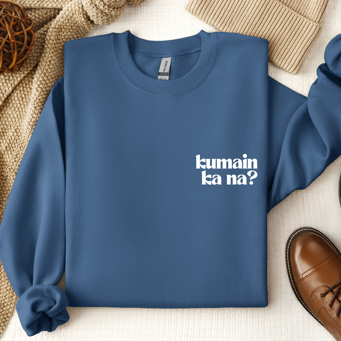 Filipino Sweatshirt Kumain Ka Na? Embroidered Pinoy Crew Neck in Indigo Blue