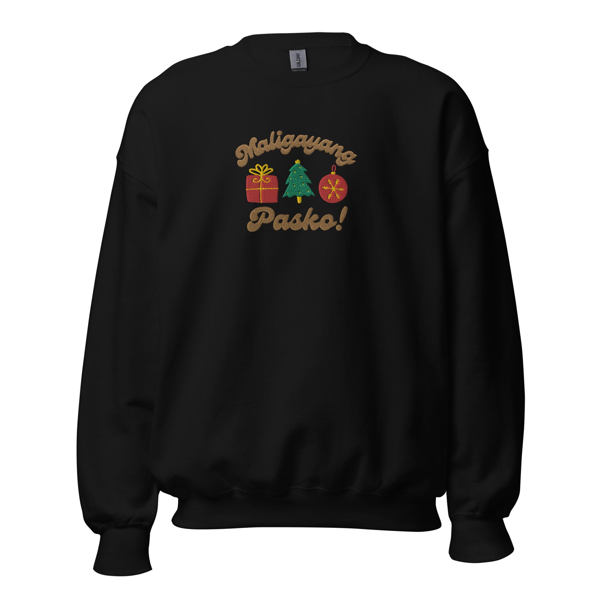 Maligayang Pasko Merry Christmas Tagalog Filipino Embroidered Sweatshirt in Black