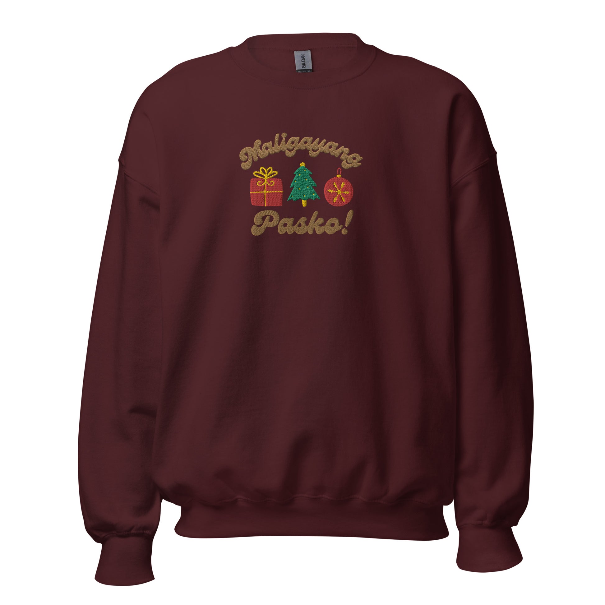 Maligayang Pasko Merry Christmas Tagalog Filipino Embroidered Sweatshirt in Maroon