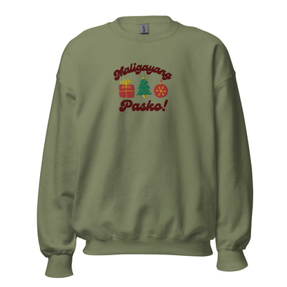 Maligayang Pasko Merry Christmas Tagalog Filipino Embroidered Sweatshirt in Military Green