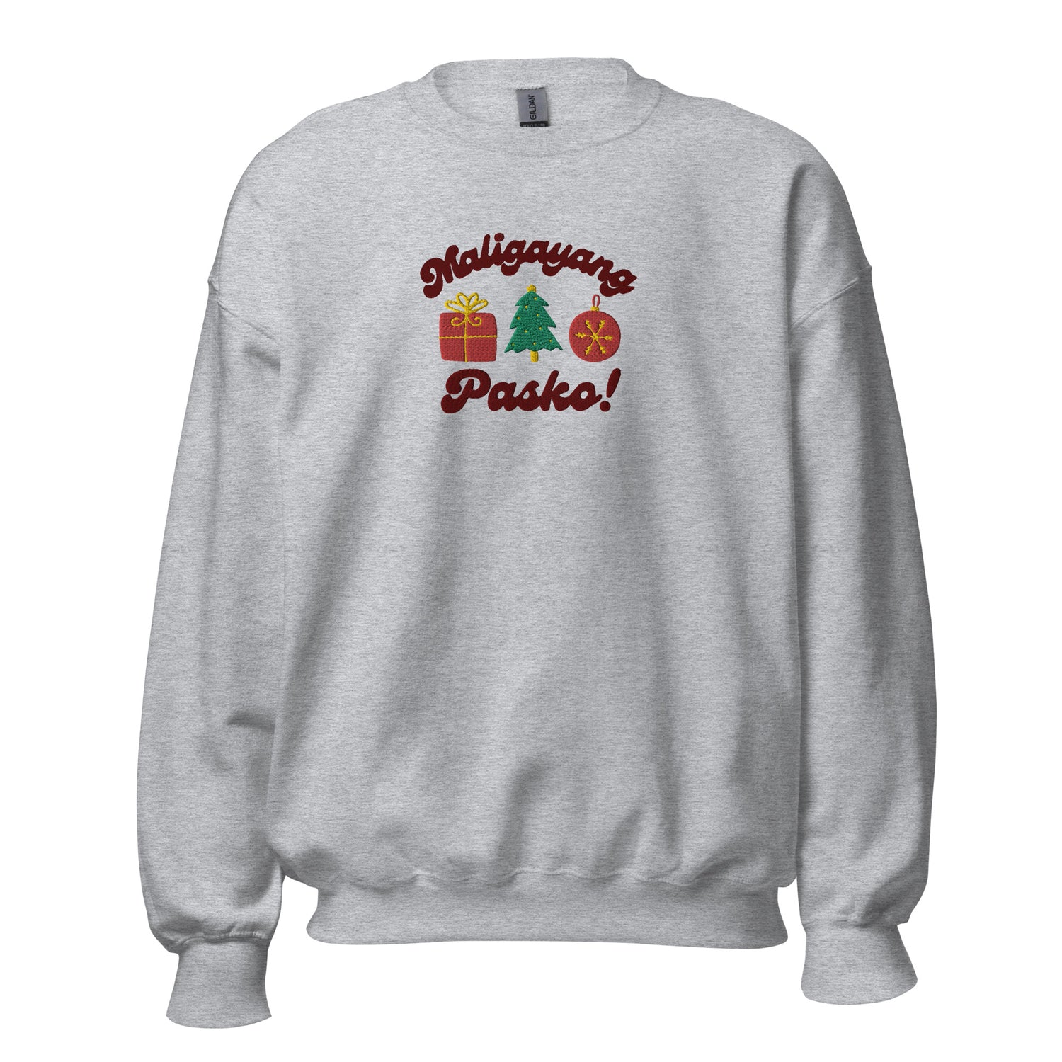 Maligayang Pasko Merry Christmas Tagalog Filipino Embroidered Sweatshirt in Sport Gray