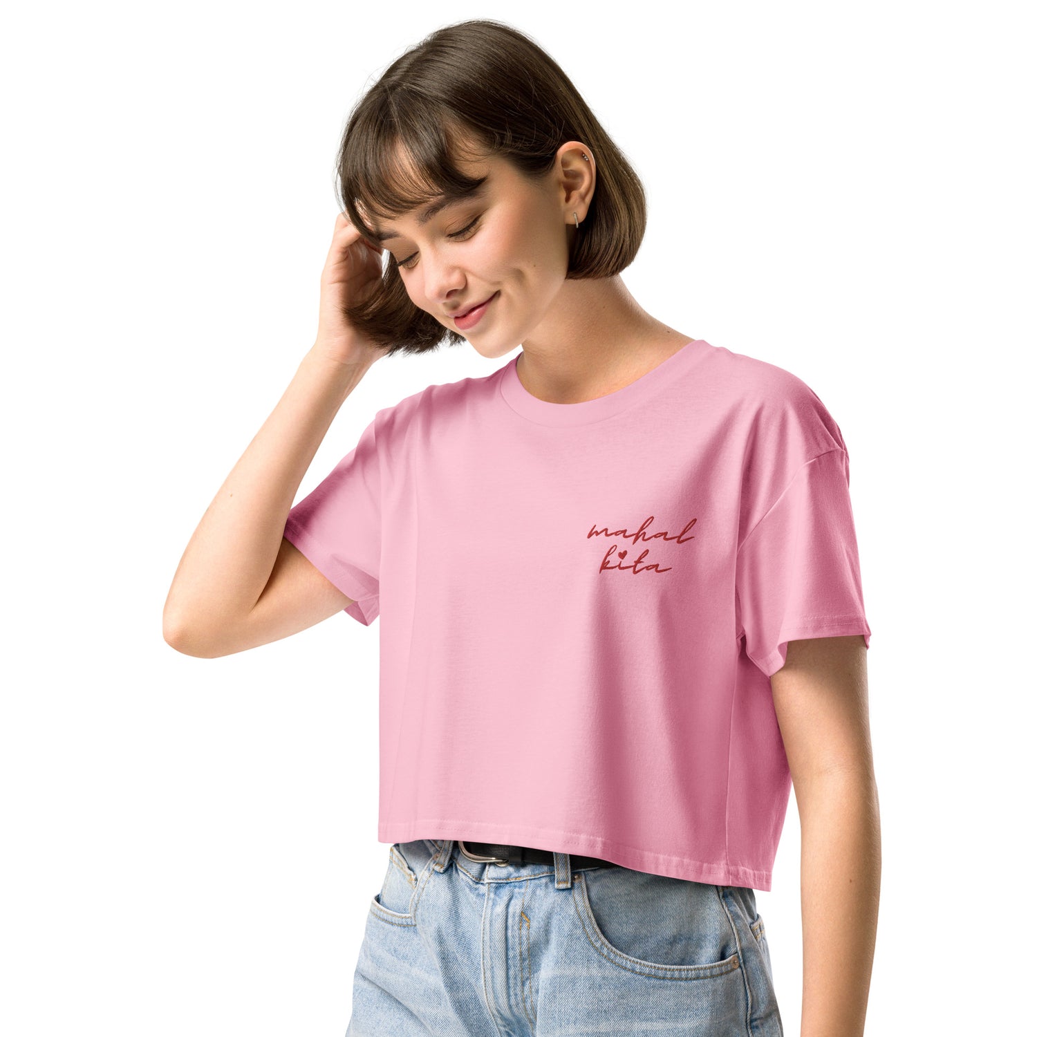 Side view of the embroidered crop tee