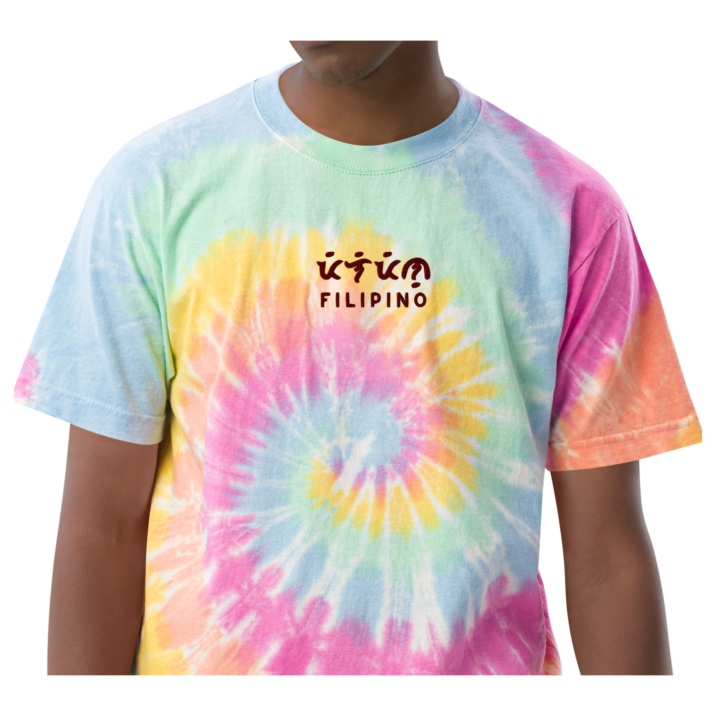 Man wearing the Filipino Baybayin Embroidered Tie Dye T-Shirt in color Sherbet Rainbow.