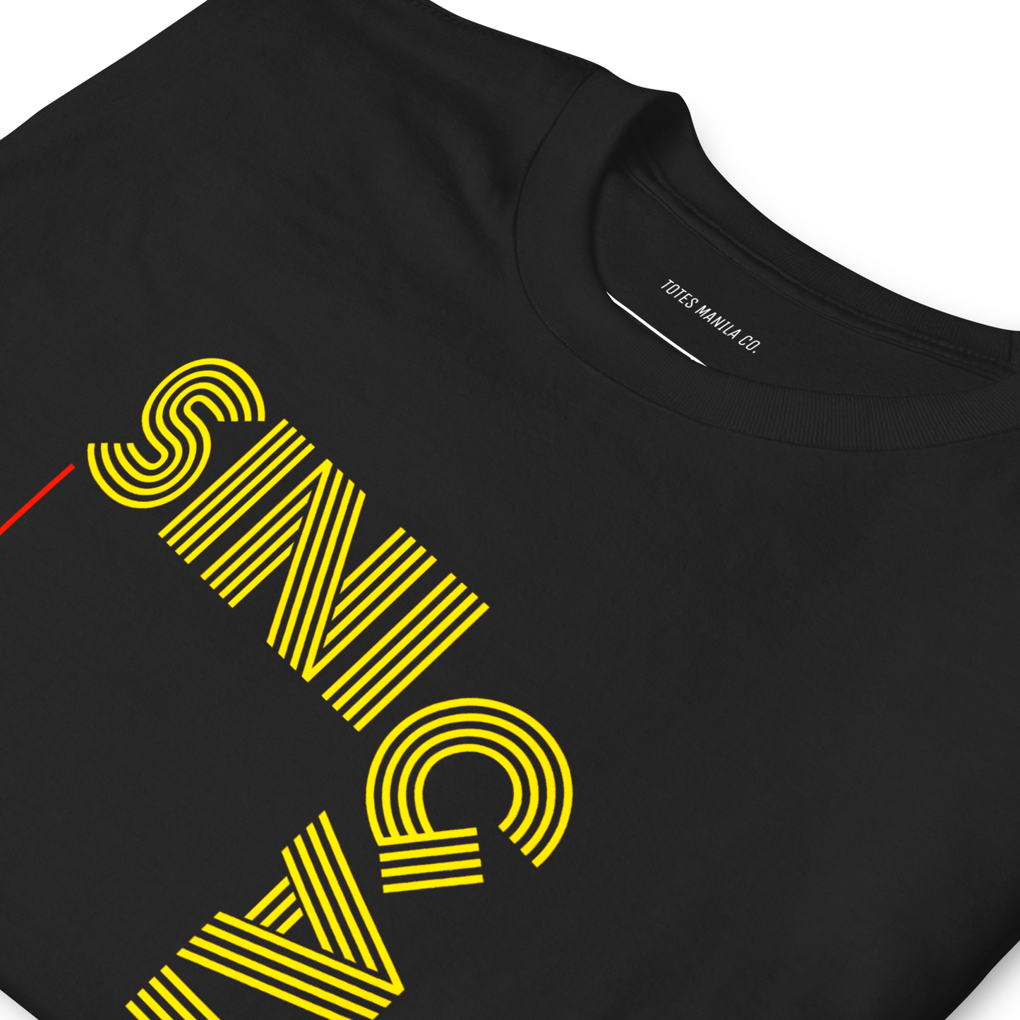 Close up of the Sinigang graphic design in a unisex black t-shirt.