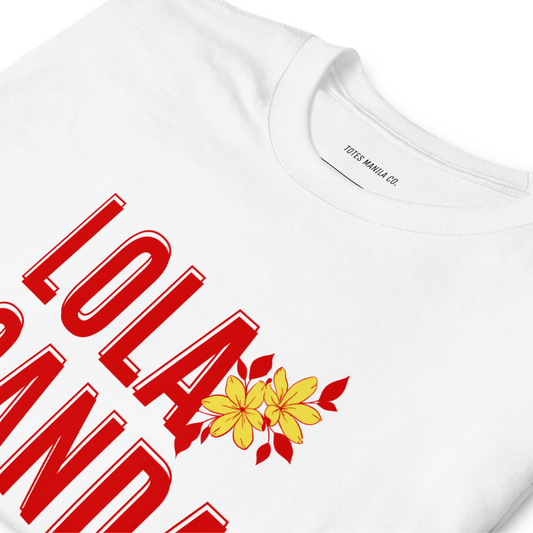 Close up of the Lola Ganda design in a unisex white t-shirt.