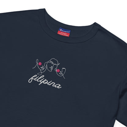 Close up of the embroidery in the Filipina Line Art Statement Champion Crop Top in color Navy.