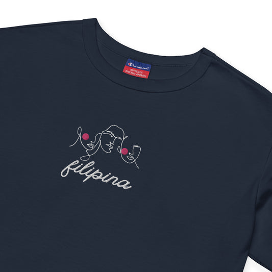 Close up of the embroidery in the Filipina Line Art Statement Champion Crop Top in color Navy.