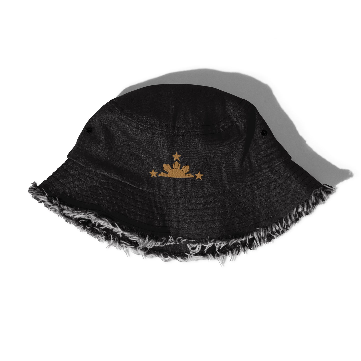 Stars & Sun Pinoy Embroidered Distressed Denim Bucket Hat in variant Black Denim.