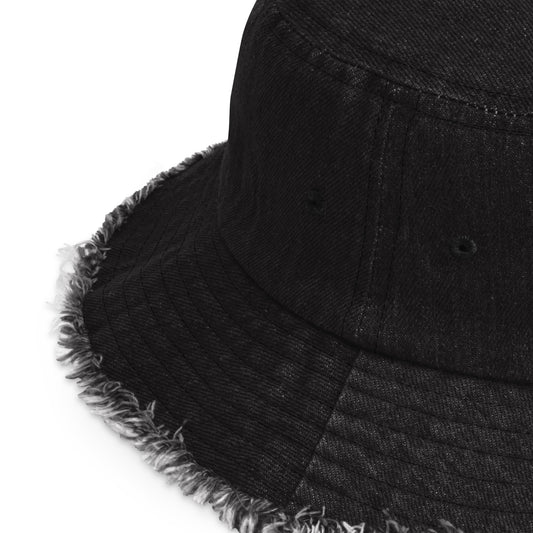 Close up details of the Stars & Sun Pinoy Embroidered Distressed Denim Bucket Hat in variant Black Denim.